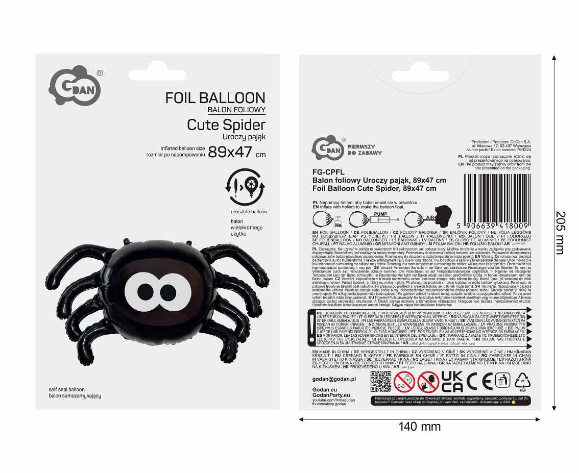 Foil Balloon Cute Spider, 89x47 cm